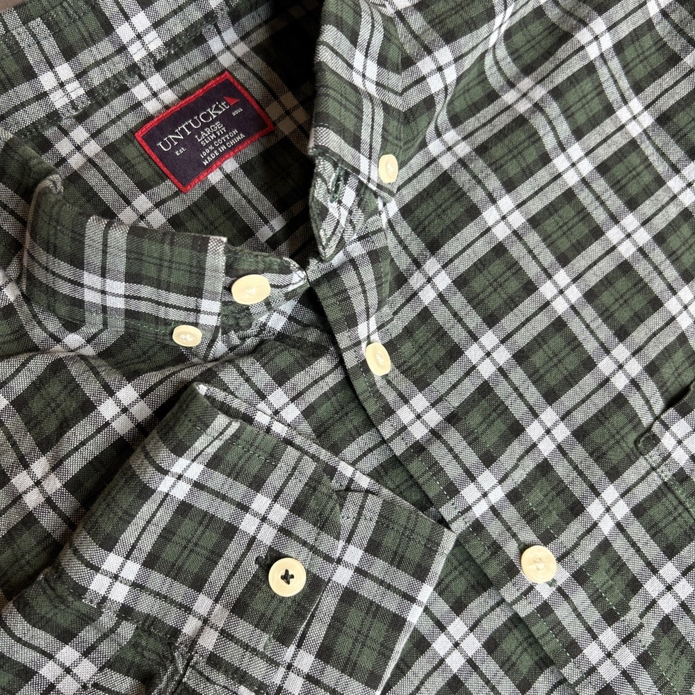 UNTUCKit Shirt Men's Large Slim Plaid Green Black Button Down Collar Long Sleeve